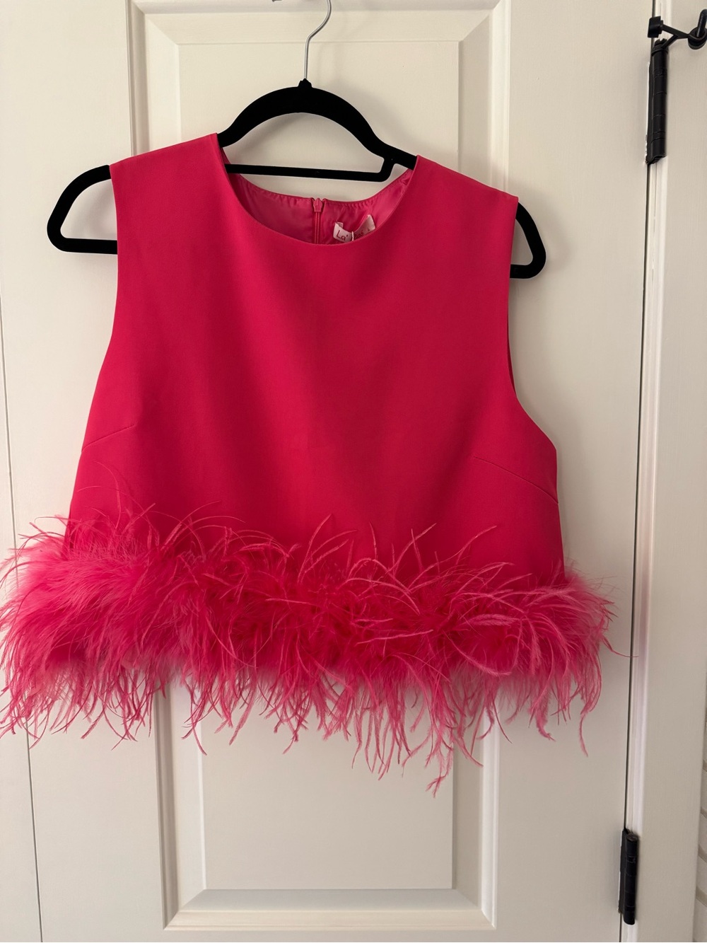 Hot Pink Feather Trim Sleeveless Cropped Top